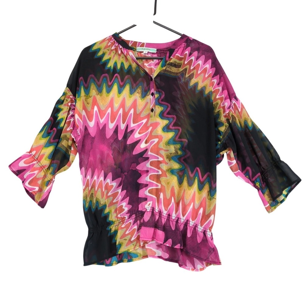 Pleione Psychedelic Sheer Blouse Womens S Anthropologie Elastic Hem Art Festival